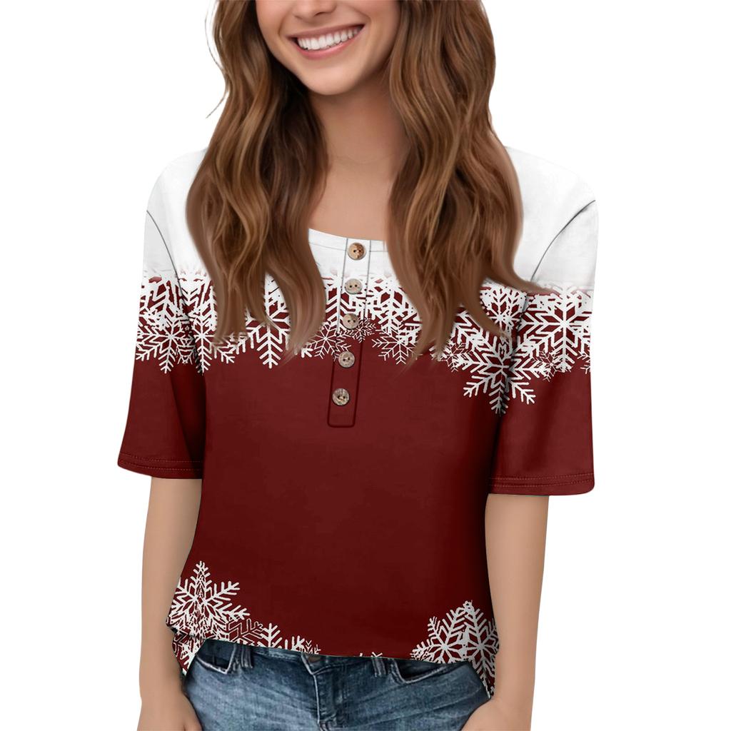Women's Everyday Casual Mid-Sleeve Mid-Neckline Christmas Print Top
