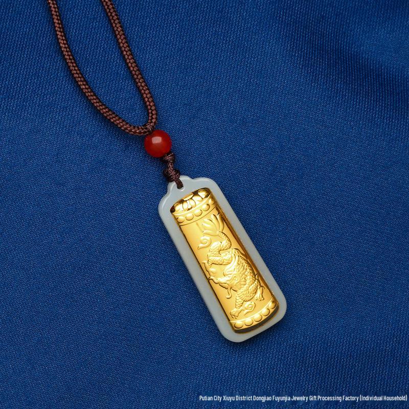 Gold-Inlaid Jade Dragon & Phoenix Pillar Pendant - 3D Solid Gold Dragon & Phoenix with Square Jade Plate