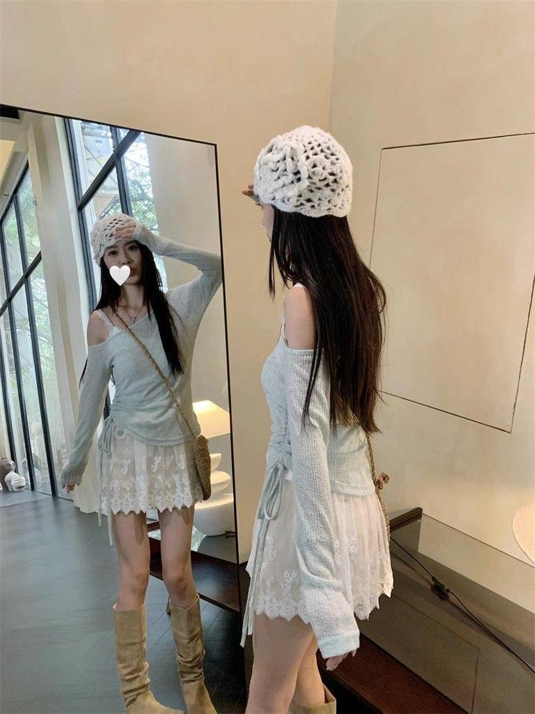 Damen Sommer 2025 Urlaubsstil Set: Spitzen-Camisole, Schulterfreier Kordelzug-Cardigan mit dünnen langen Ärmeln zum Sonnenschutz