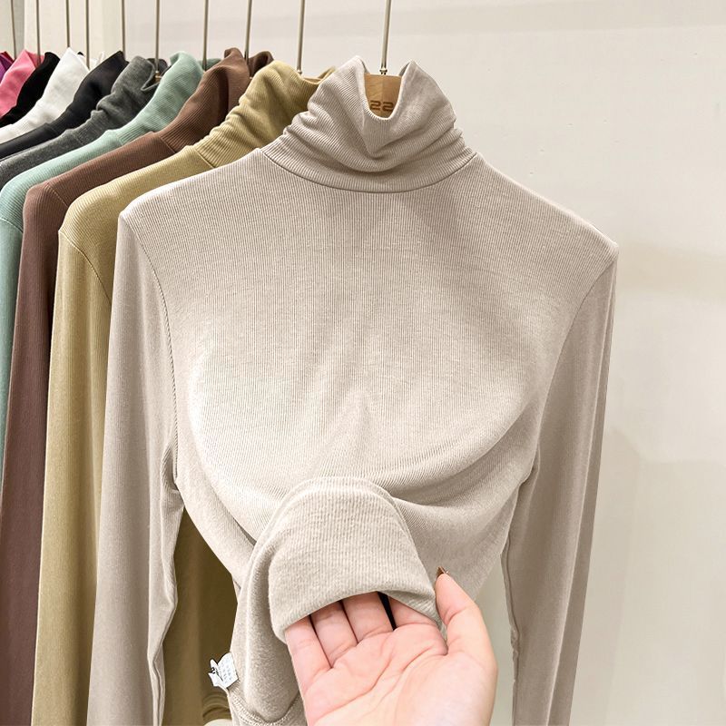 Elegant Threaded Turtleneck Base Shirt Women's Spring Vintage Underwear Thin Slim T-shirt Office Lady Heap Collar Casual Tops 2025 New
