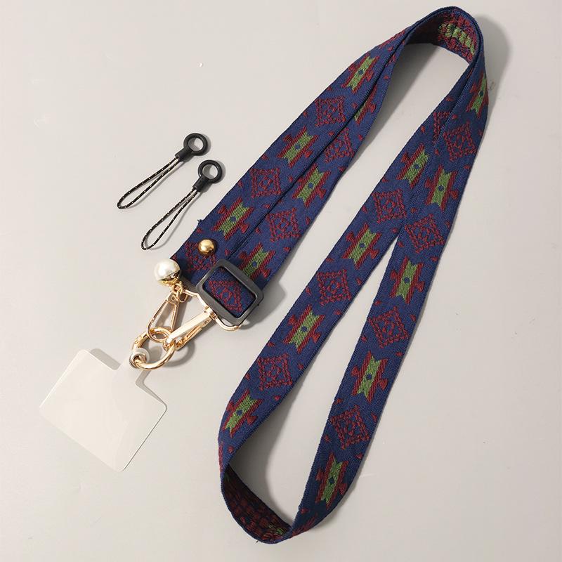 Mobile phone lanyard Long crossbody with shoulder back Ethnic style pearl pendant Retro pattern Adjustable neck wide cloth belt