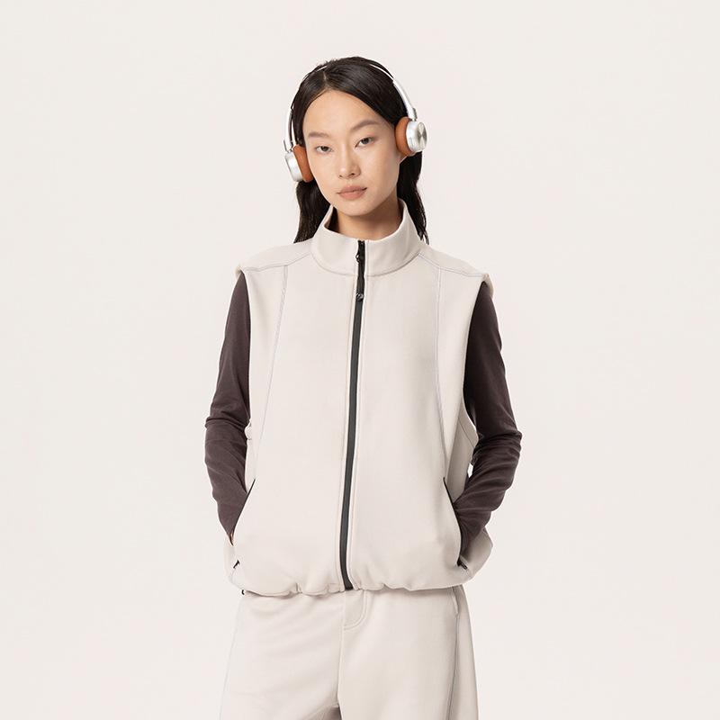 

Denim-Look Padded Shoulder Vest with Stand-Up Collar One Size