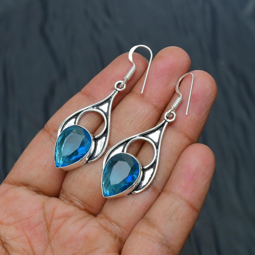 Blue Topaz Gemstone Handmade 925 Sterling Silver Jewelry Earring