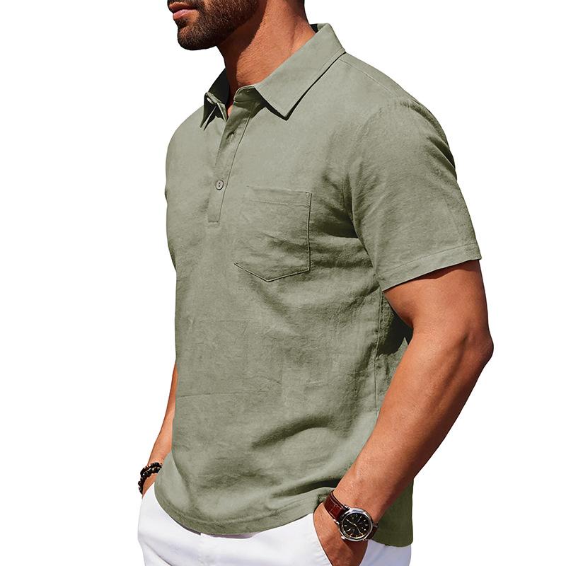 Men Loose Casual Short Sleeve Linen Blend Polo Shirt For Daily Beach Wear