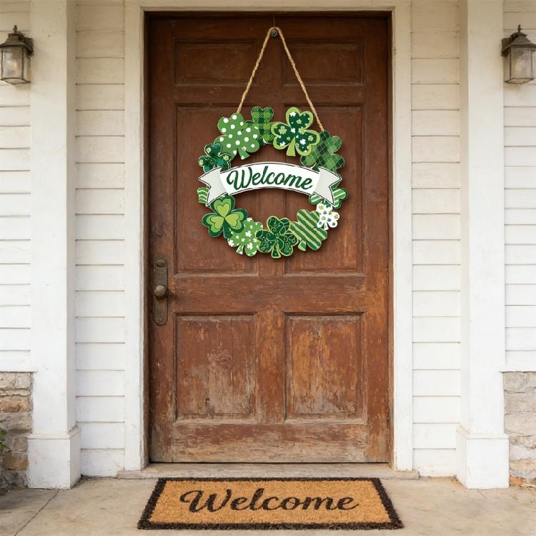 Patricks Day Wooden Wreath for Front Door Decoration Welcome Irish Shamrock Door Sign Spring Hanging Decors for Party