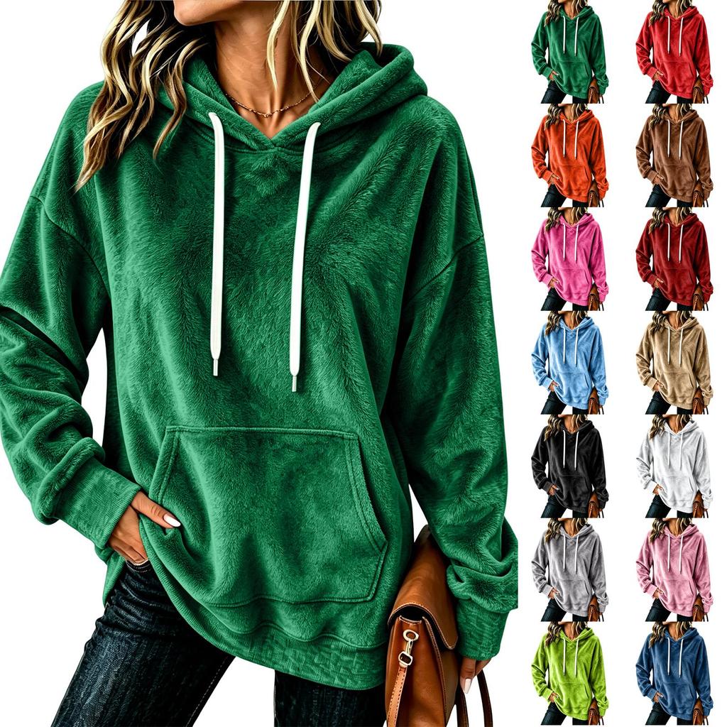 Women's Long Sleeve Flannel Hoodie Color Casual Pullover Top