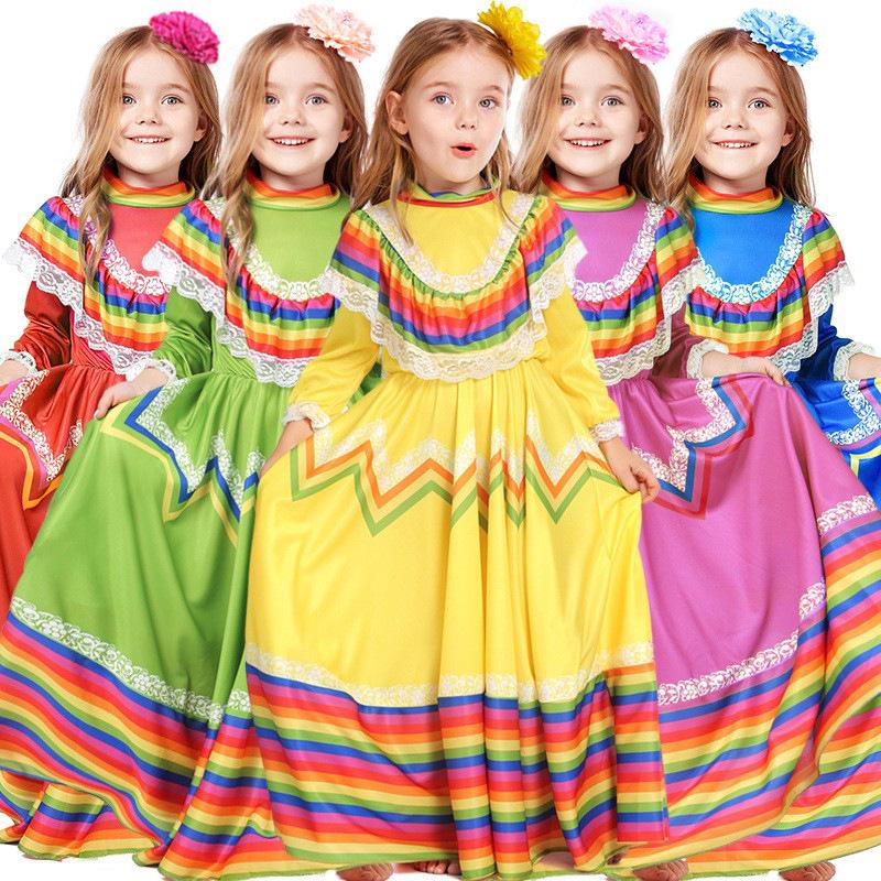 Abito Lungo Danza Folkloristica Messicana - Nuovo Costume di Halloween per Spettacolo Scolastico