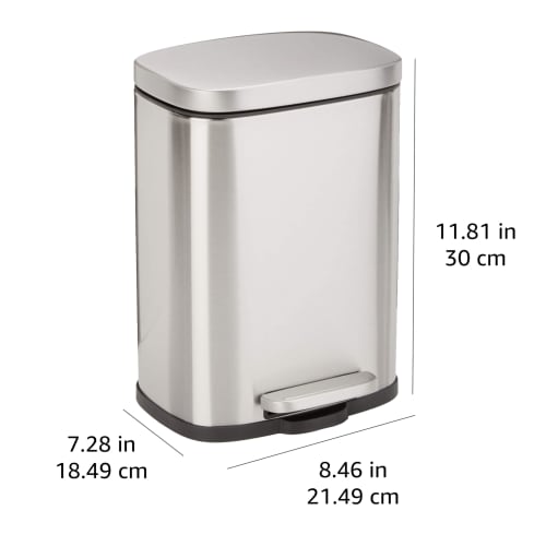 Basic 5L (5 Liter) Trash Can with Soft Close, Quiet Lid and Pedal, Stainless Steel, Stylish, Rectangular, Silver