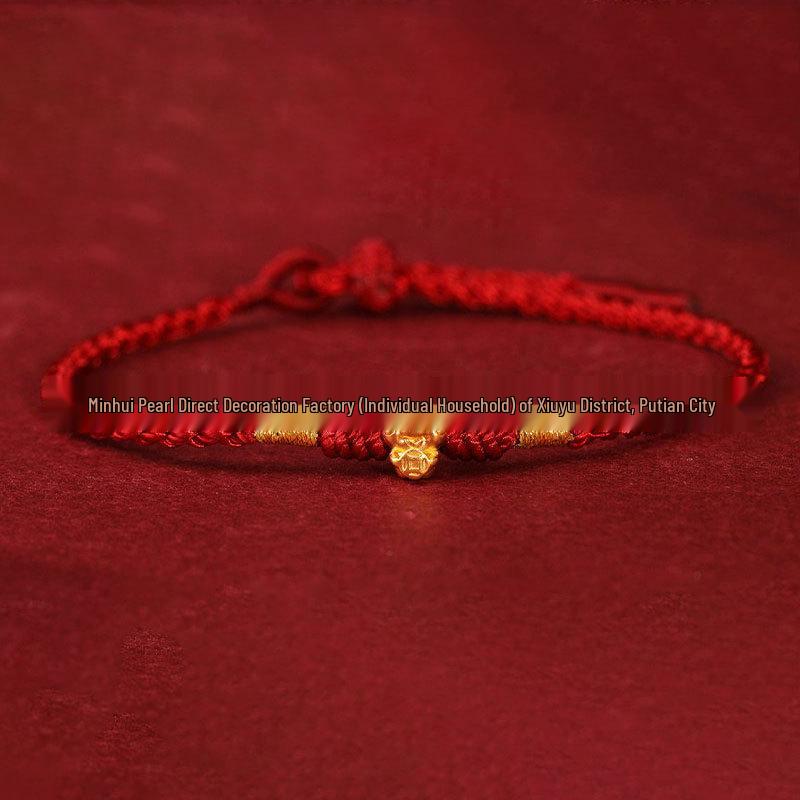 Year of the Horse Gold Wealth Bracelet with Pixiu, Clover Charm, and Red Rope