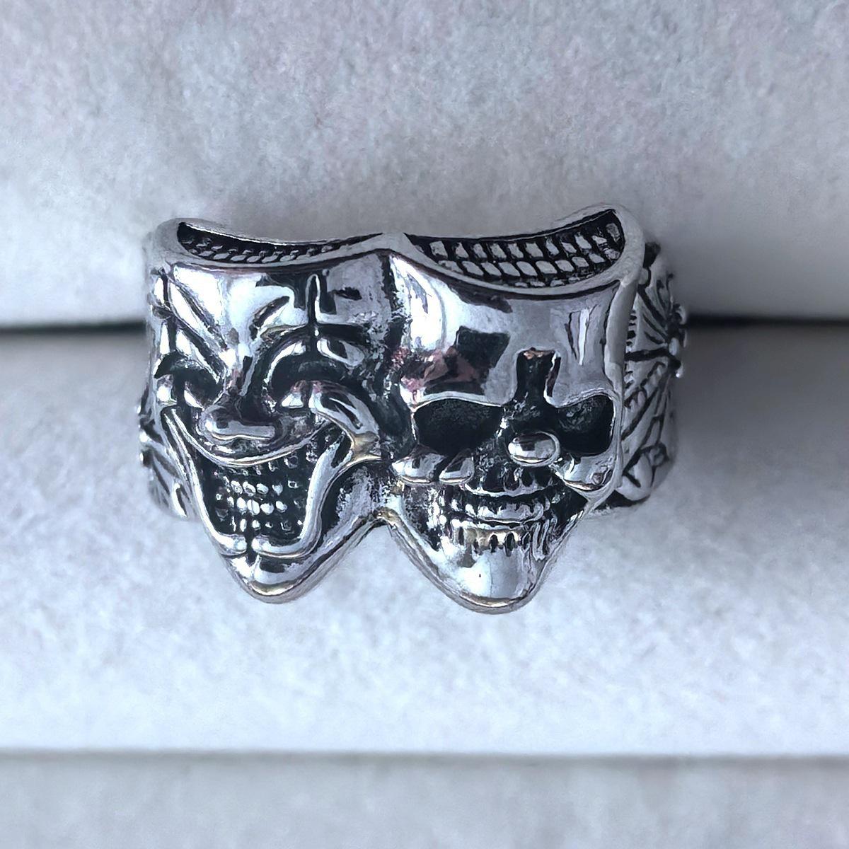 Double-Sided Good & Evil Clown Ring: Thai Silver Gothic Style, Handmade, Openable, Men s Retro Jewelry Adjustable серебряный
