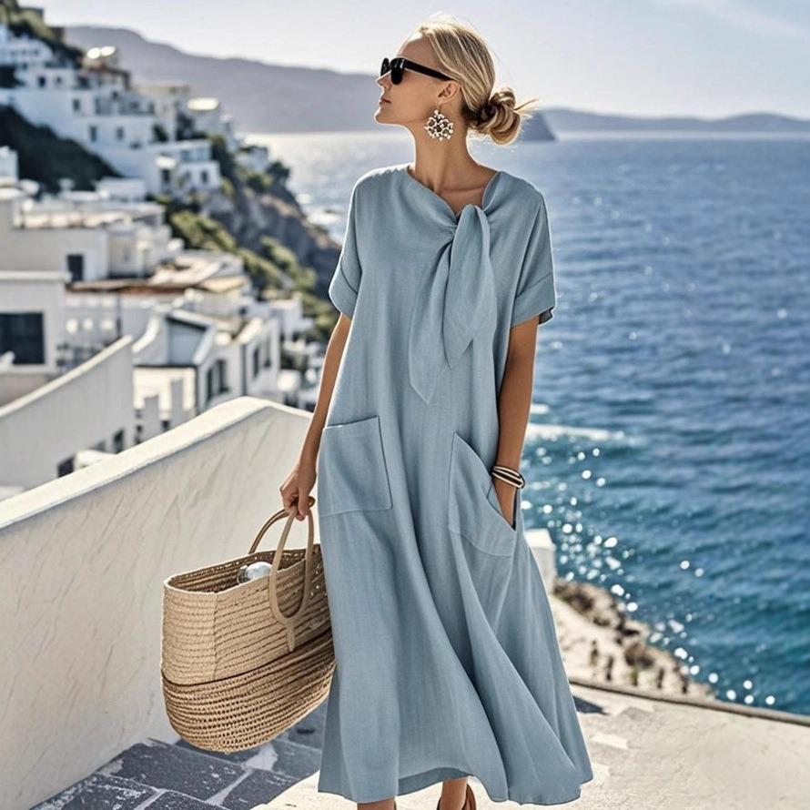 Spot 2026 European and American cross-border Amazon foreign trade summer temperament short sleeve bow pocket loose dress women