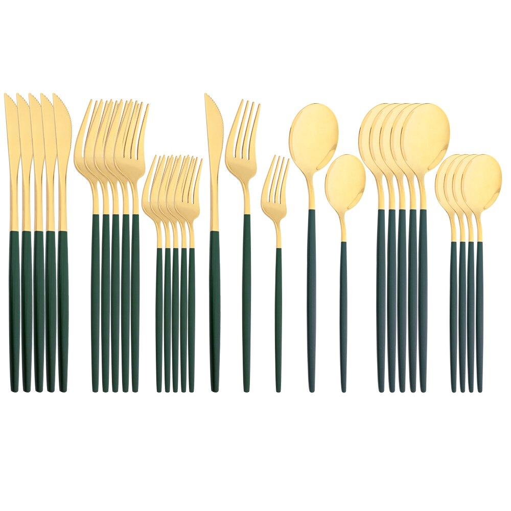 Mirror Dinnerware Set Stainless Steel 30Pcs Black Gold Tableware Knife Fork Spoon Dinner Set Cutlery Spoon Dessert Flatware Set