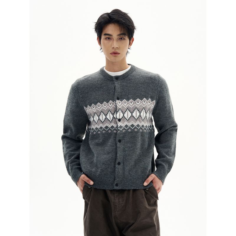 Kisko American Retro Fair Isle Jacquard Knit Cardigan Sweater for Men and Women, High-End Lazy Casual Trendy Brand Jacket