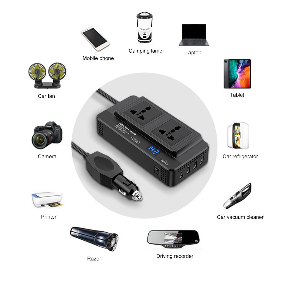 200 W Auto-Wechselrichter DC 12 V auf AC 110 V 220 V Modifizierter Sinus-Netzteil 4 USB-Schnellladebuchse Universelle US-/EU-Steckdose