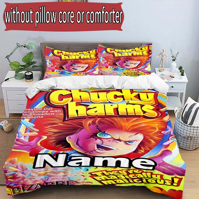 3pcs Duvet Cover Set (1*Duvet Cover + 2*Pillowcase, Without Core), Custom Name horror movie Pattern Bedding Set, Home Bedroom Decor Gift