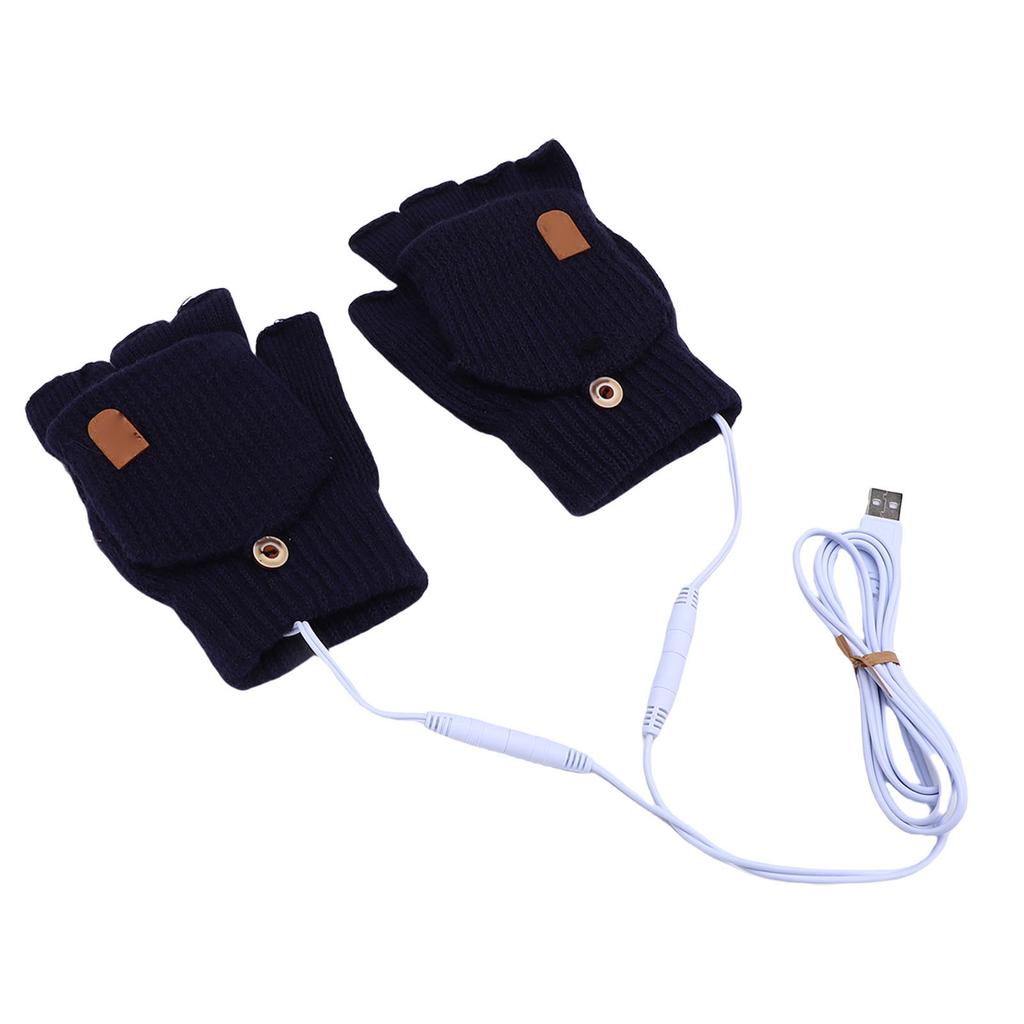 USB Heated Gloves Fingerless for Men Women Acrylic Fiber Electric Hand Warming Gloves for Winter Skiing Gaming Navy Blue