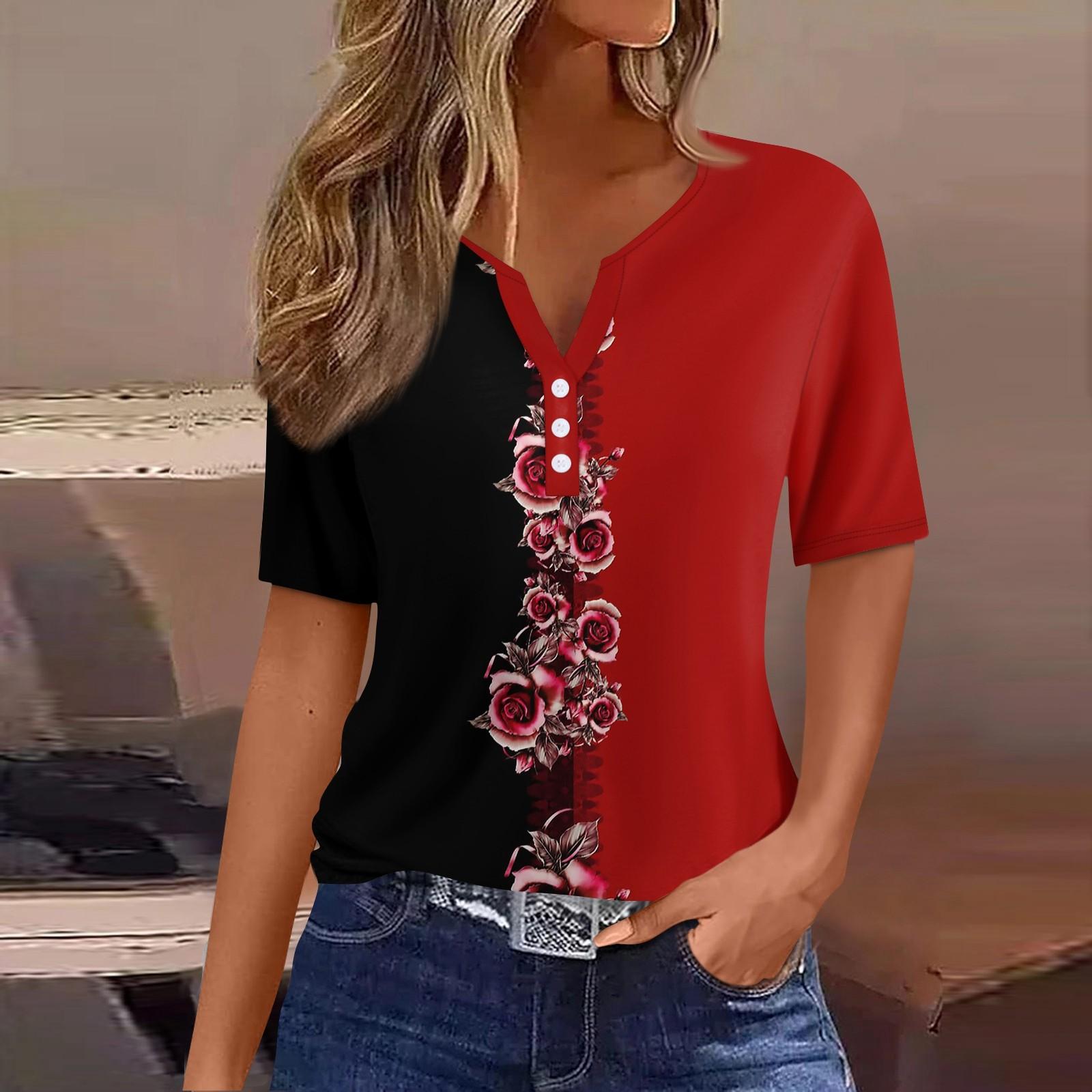 

Жен. Футболка Футболка С принтом Пуговицы С короткими рукавами Повседневные Выходные Мода Классический V-образный вырез Обычный Верх L винный