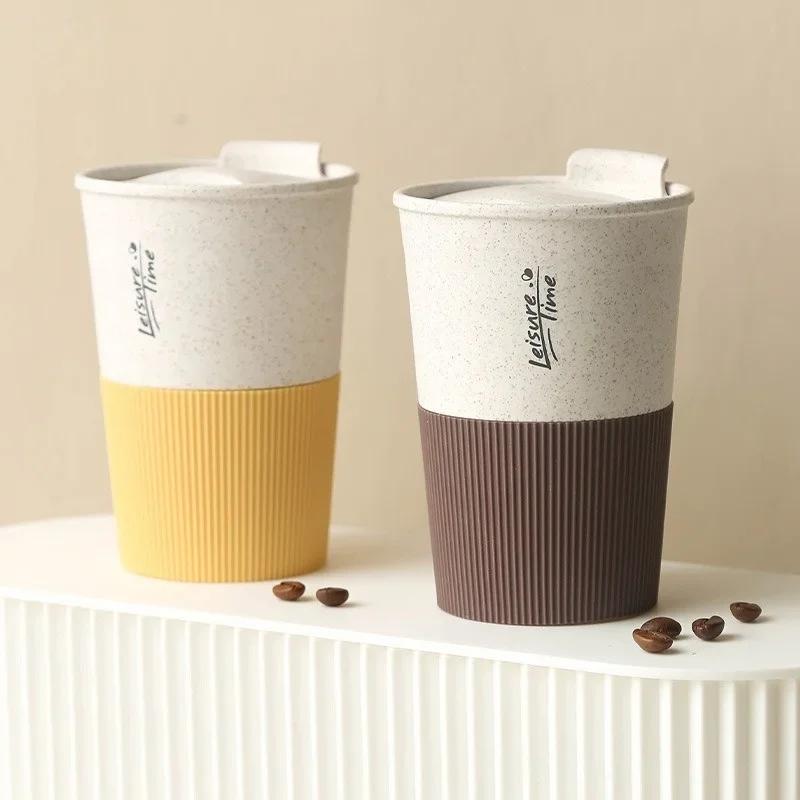 1PCS Portable Coffee Cup Double Wall Mug Wheat Straw Material Plastic Travel Water Cup with Lid for Women Men Drinking Cup Gift