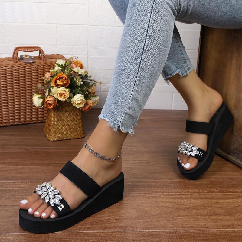 Fashion Summer Women Wedge Slide Beach Slipper Thick Heel Ladies Sandals Crystal Decorate No Slip Platform Slippers Plus Size 36-42