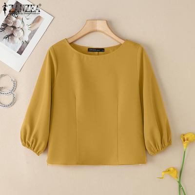 Women Casual Round Neck Solid Color Loose Half Sleeve Blouse
