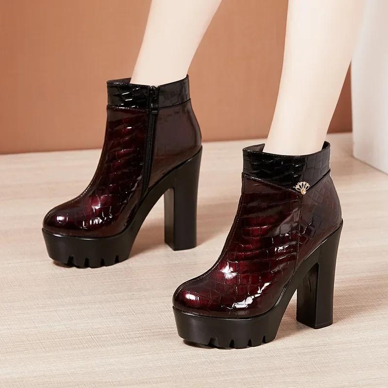 13cm Small Big Size 32-43 Vintage Bright Leather Shoes Women Ankle Boots  Fall Winter Block High Heels Boots Office Model