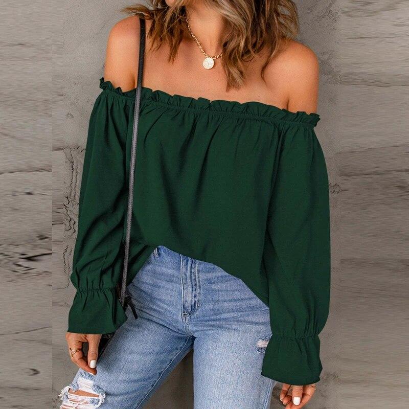 

Сексуальные топы с открытыми плечами, женская рубашка, весенне-осенняя модная шифоновая блузка с вырезом в горловине, однотонная женская одежда 25086 M