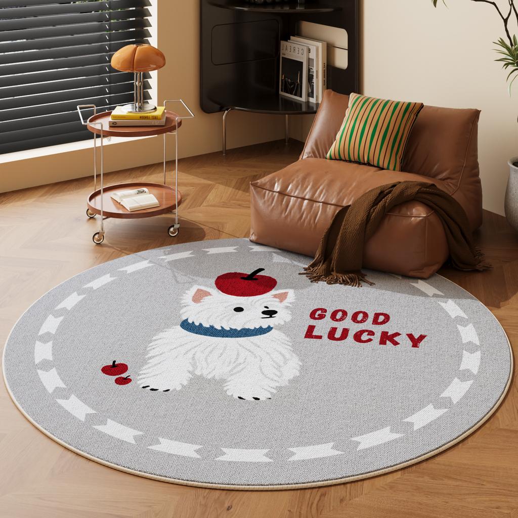 Cartoon Dog Round Carpet Mat - "best Luck" Text Rug with Geometric Border for Living Room Home Decoration Brown Rugs for Bedroom