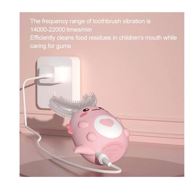 Kinder U-förmige elektrische Zahnbürste 360 Grad Smart Cartoon Kinder Silikon-Zahnbürste Automatische wiederaufladbare Schallzahnbürste