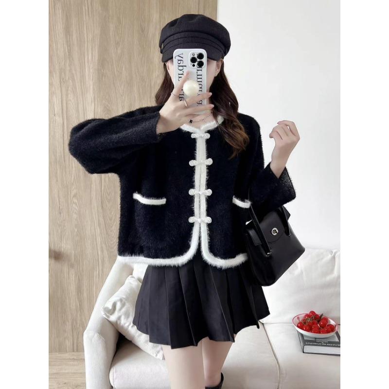 Autumn and winter new women's knitted cardigan sweater round neck soft waxy fairy button retro short imitation mink velvet jacket