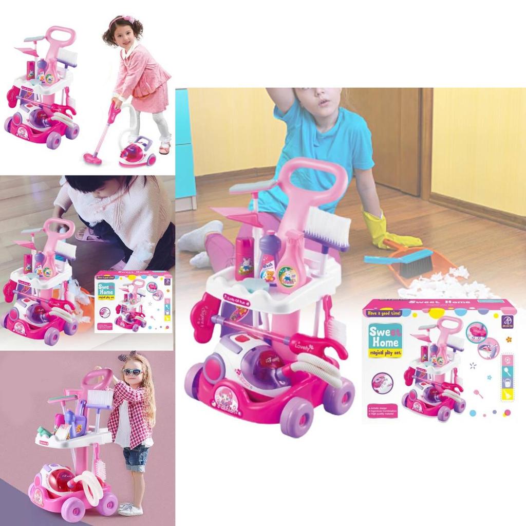 Interactive Kids Play Vacuum Set Plastic Cleaning Tool Cart With Ice Cream Cash Register