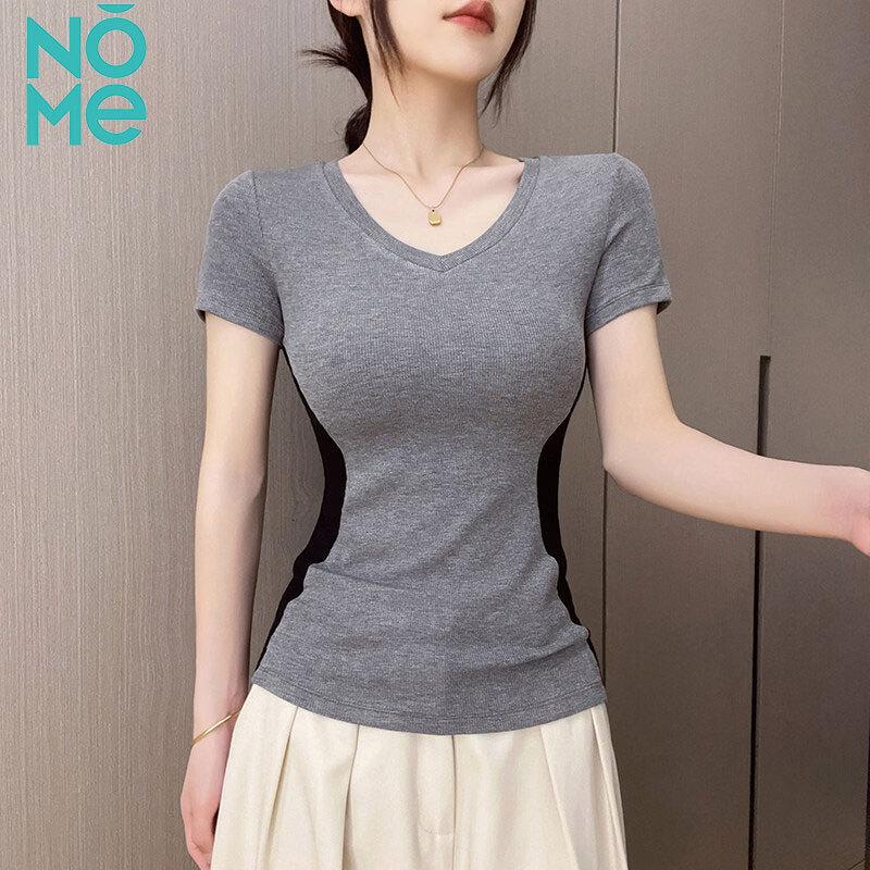 NOME Women s Ribbed V-Neck Contrast Short Sleeve T-Shirt XL
