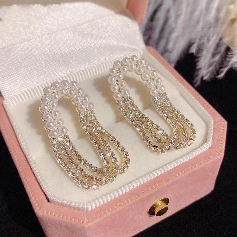 2023 Elegant Korean Style Pearl & Rhinestone Dangle Stud Earrings for Women