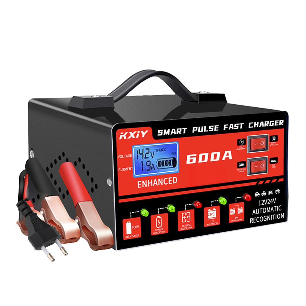 Voltage Temperature Detection Automatic Stop 12V 24V 600A EU/US Plug Intelligent Pulse Repair Car Battery Charger Digital LCD Display