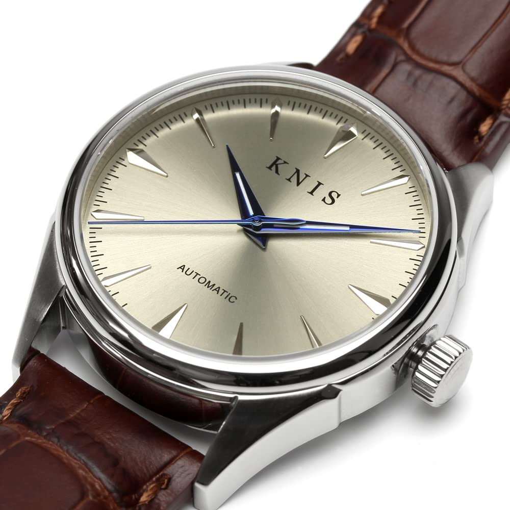 KNIS Varnish Made In Japan Automatic Watch Sapphire Glass Leather Strap 10 ATM Water Resistant Mechanical Brown Champagne Gold Men's KN001-SGBRLE