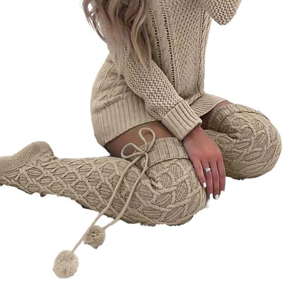 1 Pair Women Long Socks Solid Color Rhombus Texture Autumn Winter Knitting Stockings with Wool Balls Daily Wear