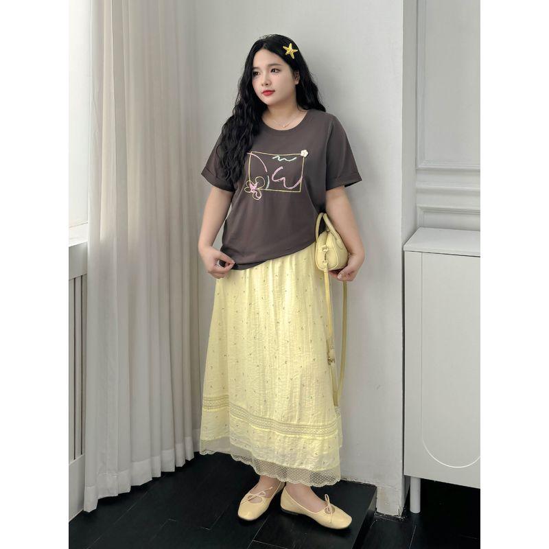 Plus size women clothing [French style Floral Skirt] Summer Lace Patchwork High Waist Slimming Mid-Length Skirts