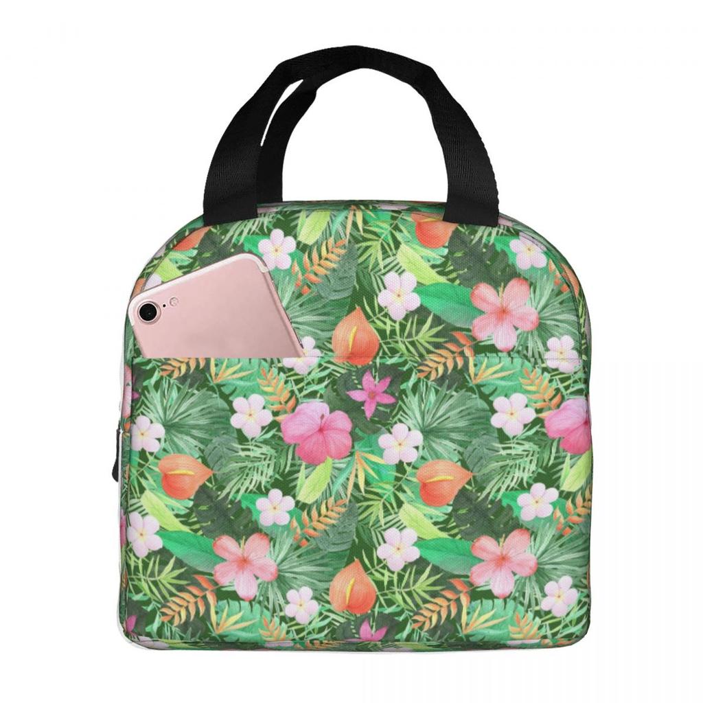 Tropical Green Leaves And Flowers Pattern Insulated Lunch Bag for Women Kids Portable Food Boxes Thermal Lunch Box Tote