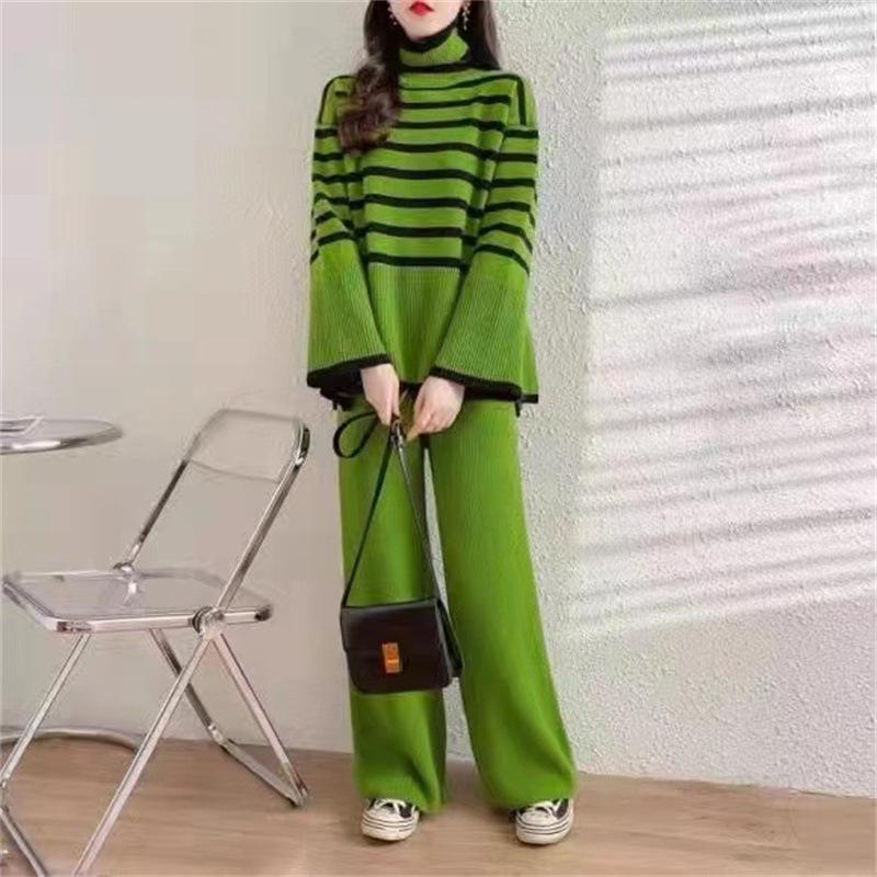 Striped turtleneck sweater wide-leg pants two-piece suit for women's autumn and winter new thin loose casual long-sleeved knitted sweater for women