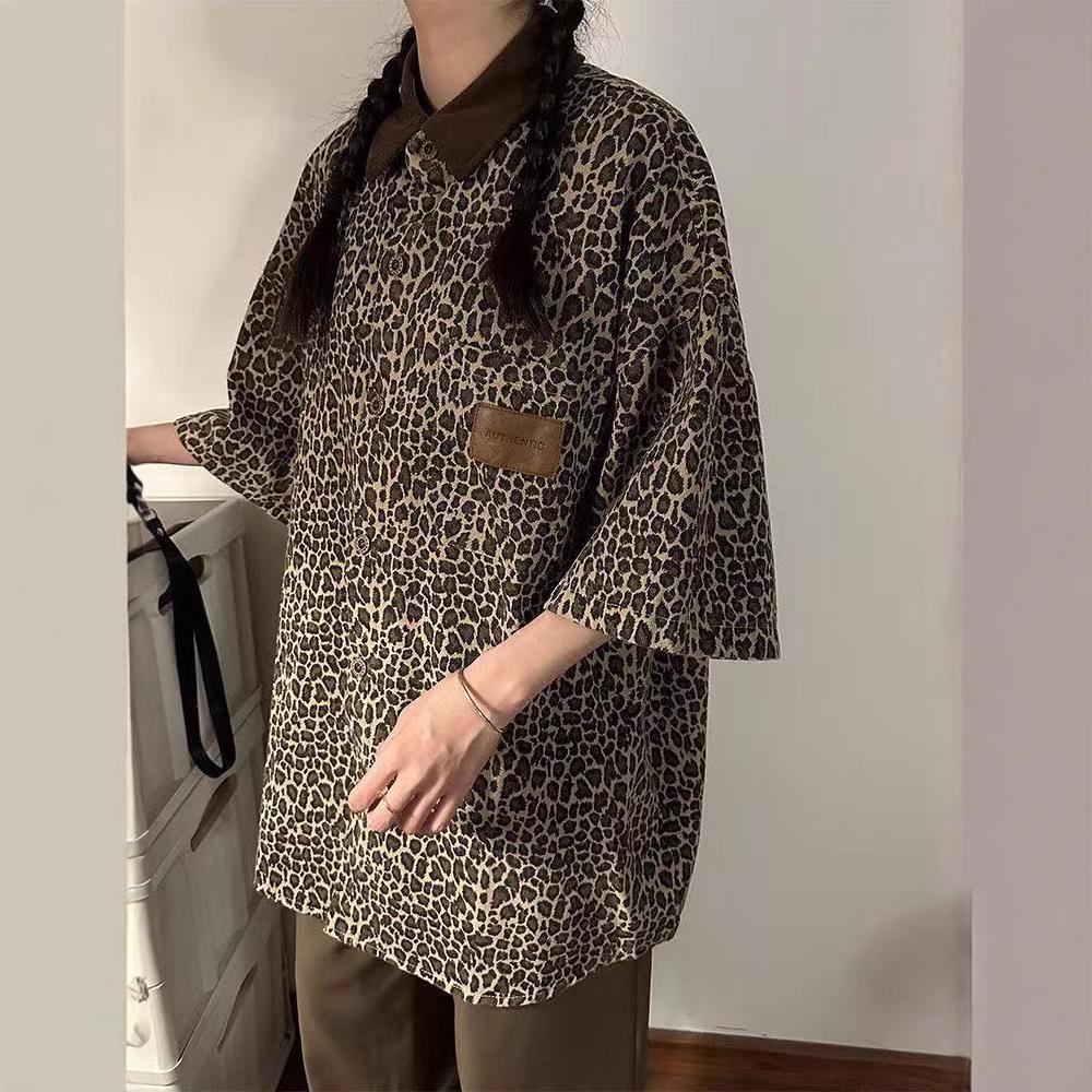 American Retro Vintage Leopard Print Polo, Three-Quarter Sleeve Shirt - Hip-Hop Summer Trend, Stylish Streetwear.
