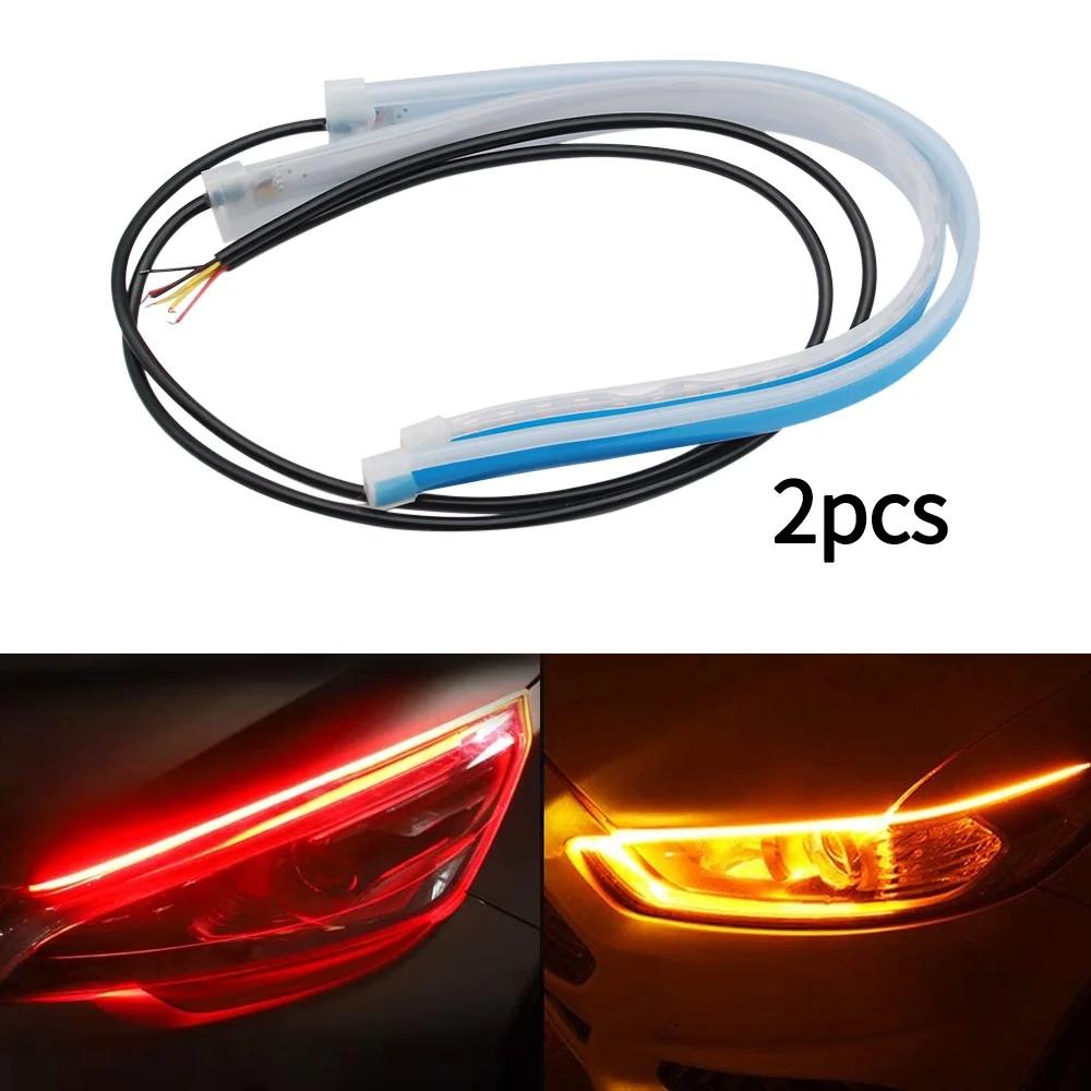 2 adet 12V LED DRL Araba Gündüz Farı Esnek Su Geçirmez Şerit Otomatik Farlar Beyaz Dönüş Sinyal Sarı Fren Akış Işıkları
