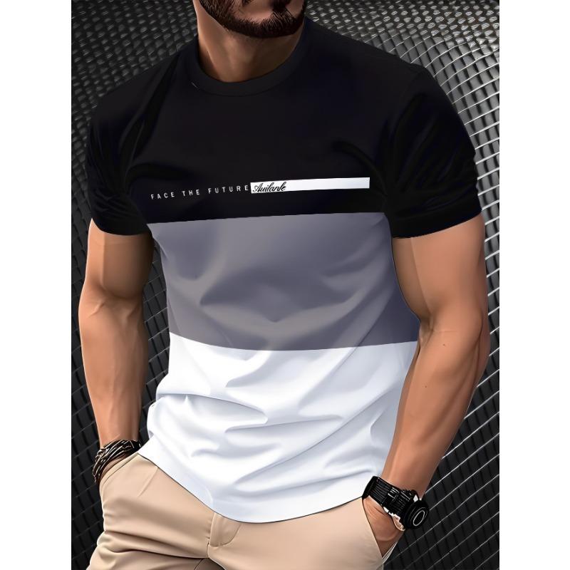 Men's Summer Casual T-Shirt Color Block Stripe Print Fashion Short Sleeve
