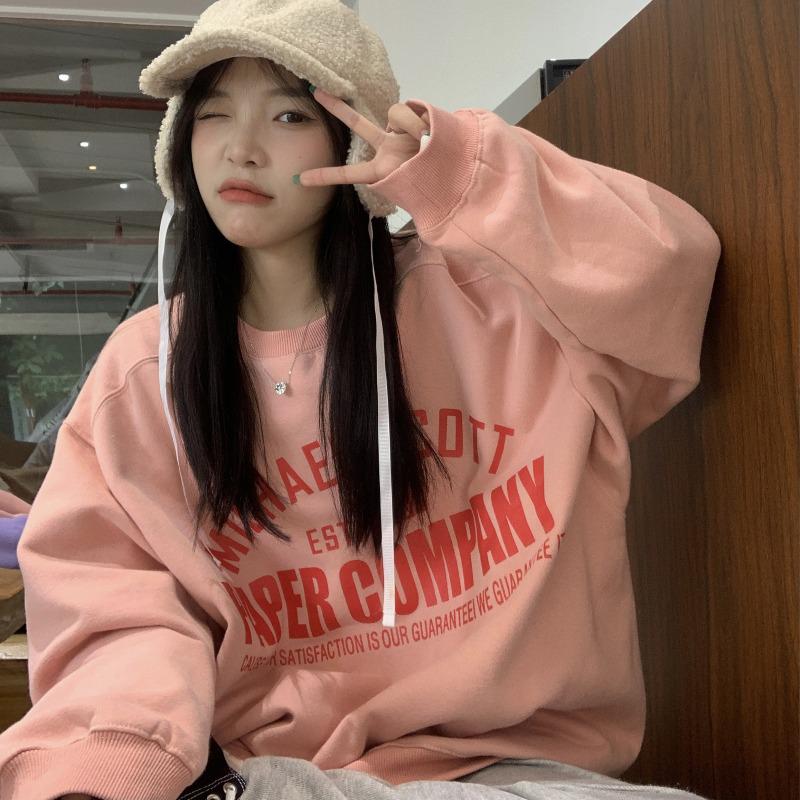 Women's Fleece Lined Loose Sweatshirt, Round Neck, 2025 Autumn/Winter Hong Kong Style, Japanese/Korean Casual Printed Top