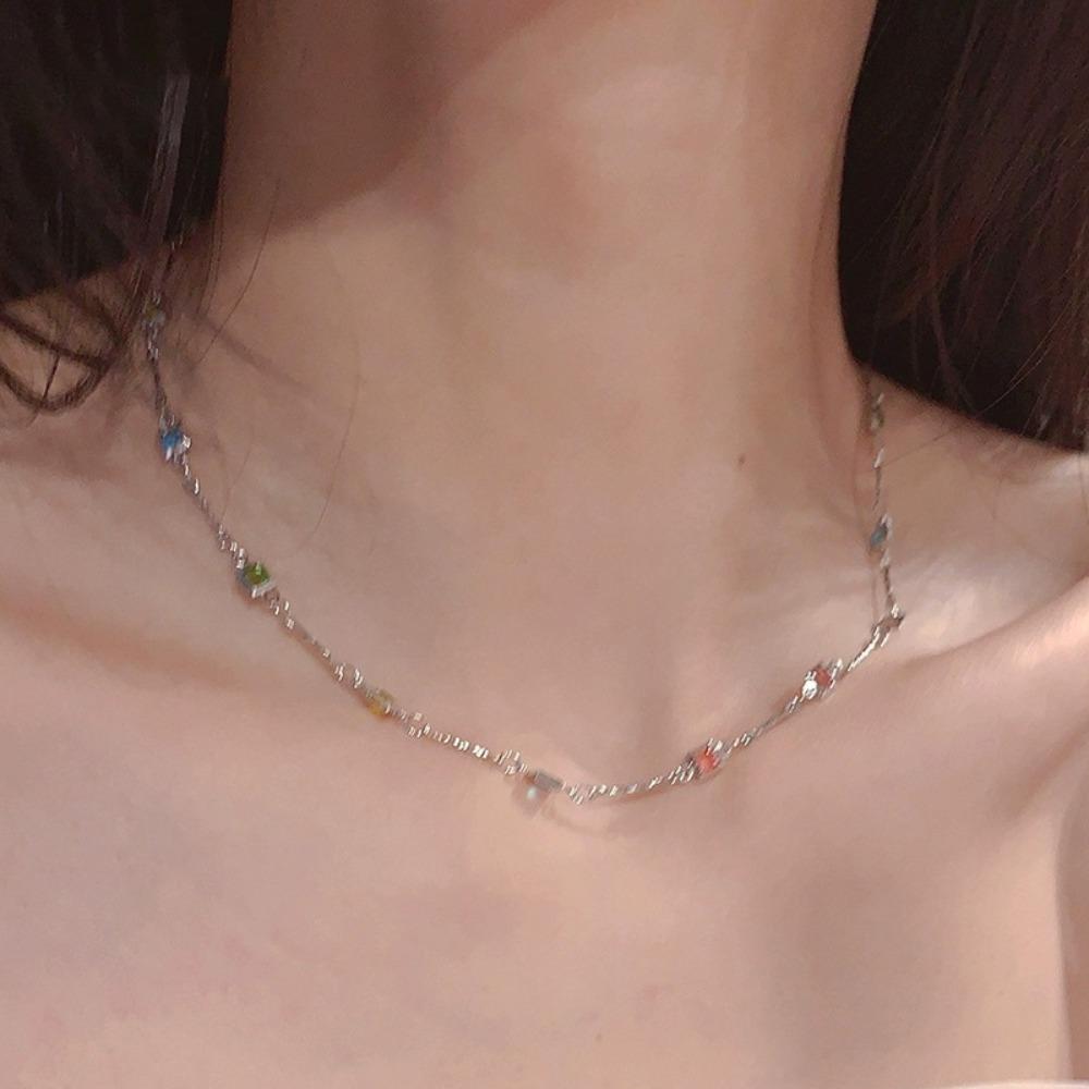 Exquisite Temperament Dopamine Geometry Square Colorful Crystal Chokers Necklace for Women Summer Sweet Jewelry Accessories Gift