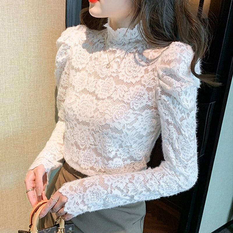 2023 outono gola rendas crochê blusa feminina elegante puff manga longa inferior topos mujer oco branco senhoras camisas 29175