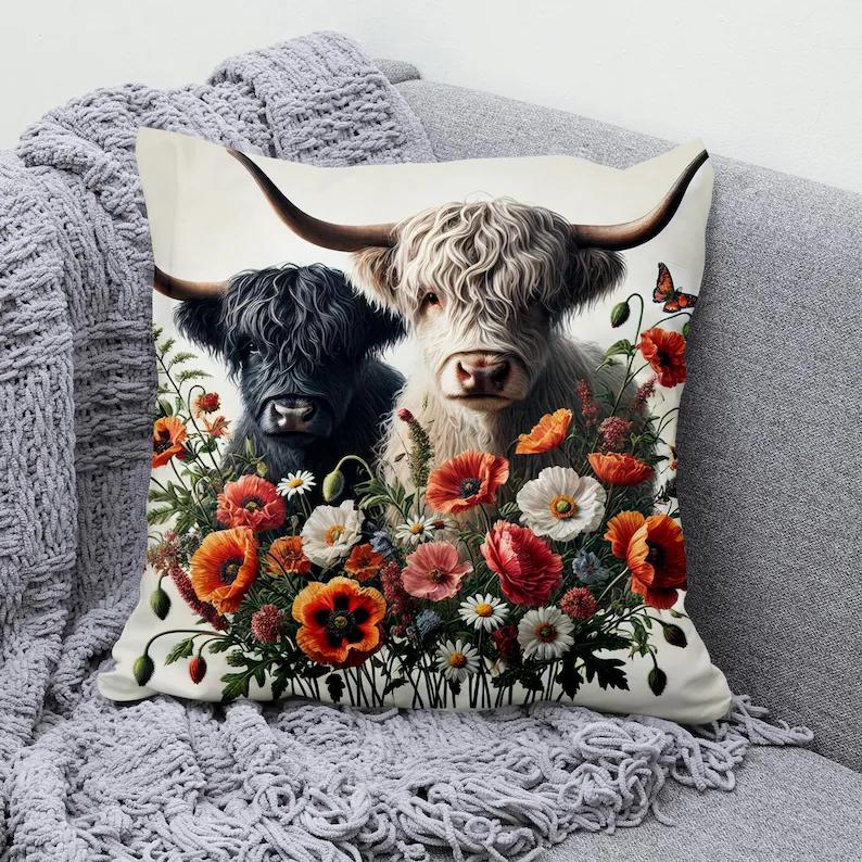 VIKAMA Highland Bovine Pillowcase Invisible Zipper Washable Pillowcase Living Room Sofa Cushion Cover Home Decor