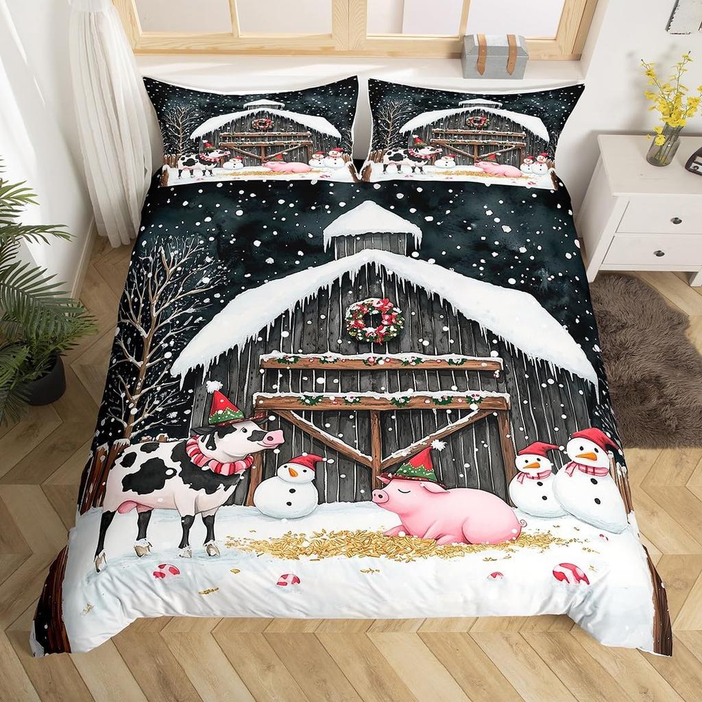 Adorable Lovely Couple Pig Soft Duvet Cover Twin King, Roses Daisy Floral Valentine's Romantic Beding Set,Carton Animal Rustic Warm Comforter Cover