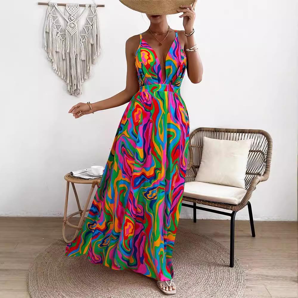 Europäisches & Amerikanisches Batik-Regenbogenmuster Ärmelloses Maxikleid