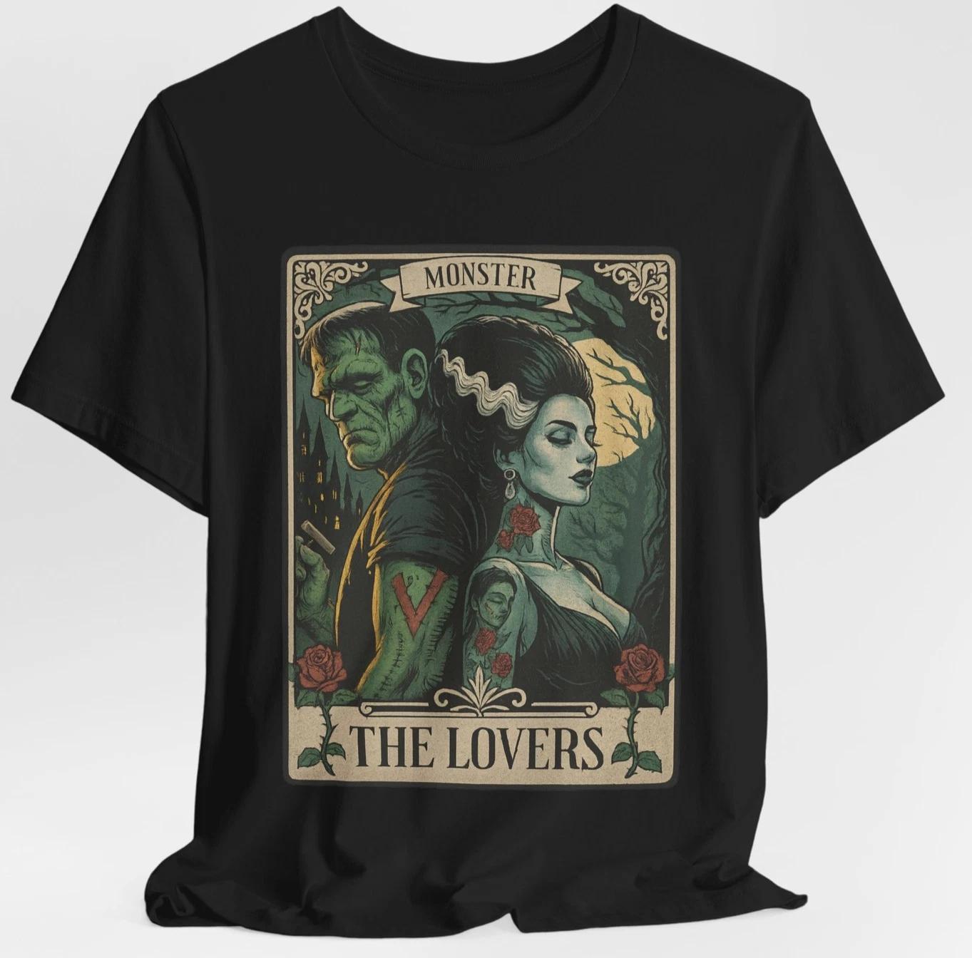 Monster Lovers Tarot Card T-Shirt Gothic Frankenstein Horror Romance Halloween 4XL