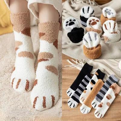 Plüsch Damen Baumwollsocken Niedliche Katzenpfote Cartoon Muster Superweich für Damen Bleiben im Haus Schlafen Bodensocken Winter