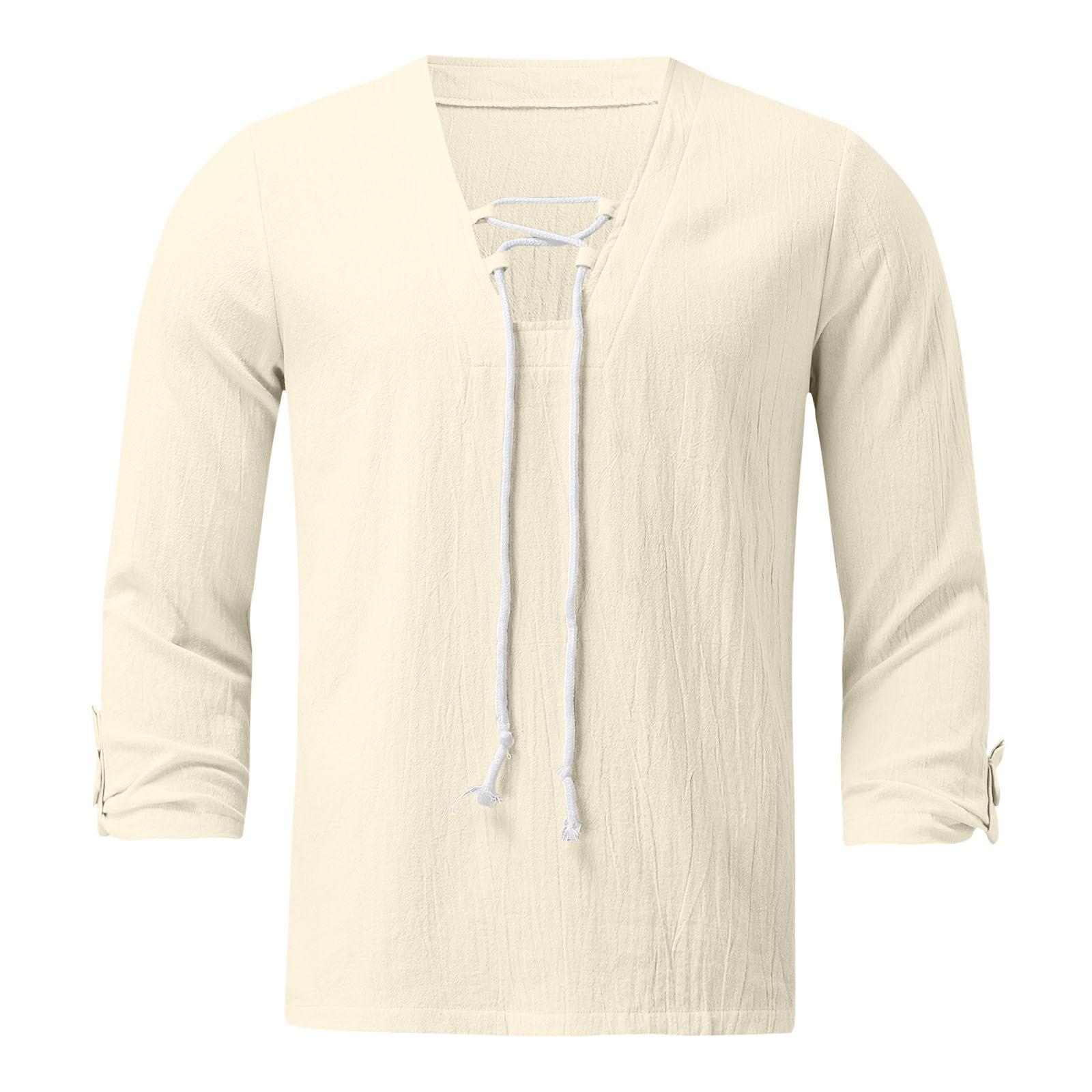 

Мужская модная одежда с галстуком и v-образным вырезом, пляжная хлопковая льняная рубашка, повседневная розовая, белая блузка с рукавами три четверти, мужские однотонные топы 3XL абрикосовый